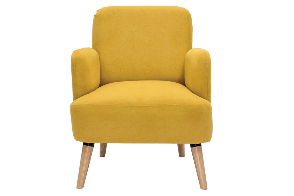Store Miliboo Sillón nórdico de tejido efecto aterciopelado texturizado amarillo mostaza y madera ISKO