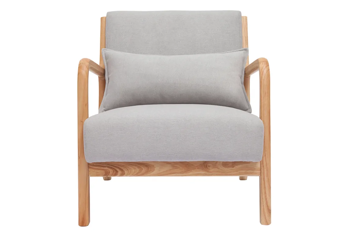 Discount Miliboo Sillón nórdico de tejido efecto aterciopelado gris claro y madera clara maciza DERRY