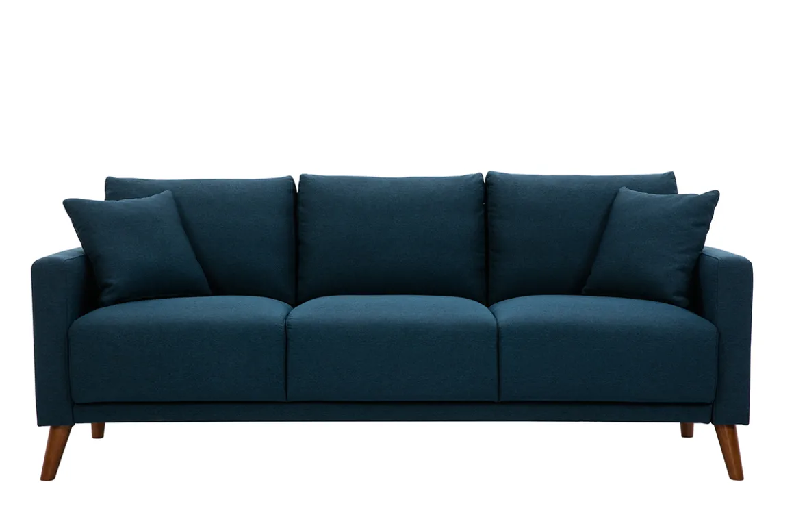 Clearance Miliboo Sofá 3-4 plazas de tejido azul oscuro y madera oscura MUNIK
