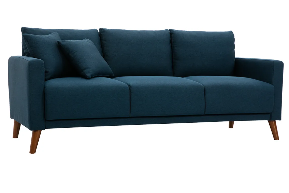 Clearance Miliboo Sofá 3-4 plazas de tejido azul oscuro y madera oscura MUNIK