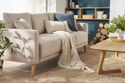Clearance Miliboo Sofá 3-4 plazas de tejido azul oscuro y madera oscura MUNIK