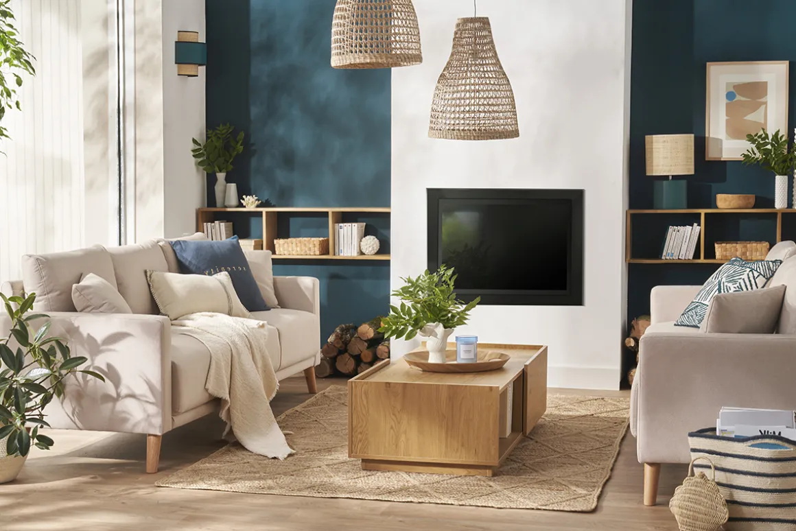 Clearance Miliboo Sofá 3-4 plazas de tejido azul oscuro y madera oscura MUNIK