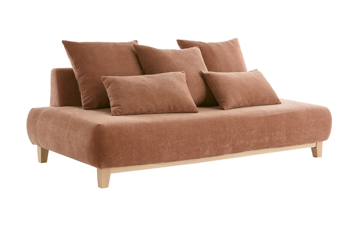 Fashion Miliboo Sofá 3 plazas de tejido efecto aterciopelado texturizado terracota y madera clara 200 cm ODEON