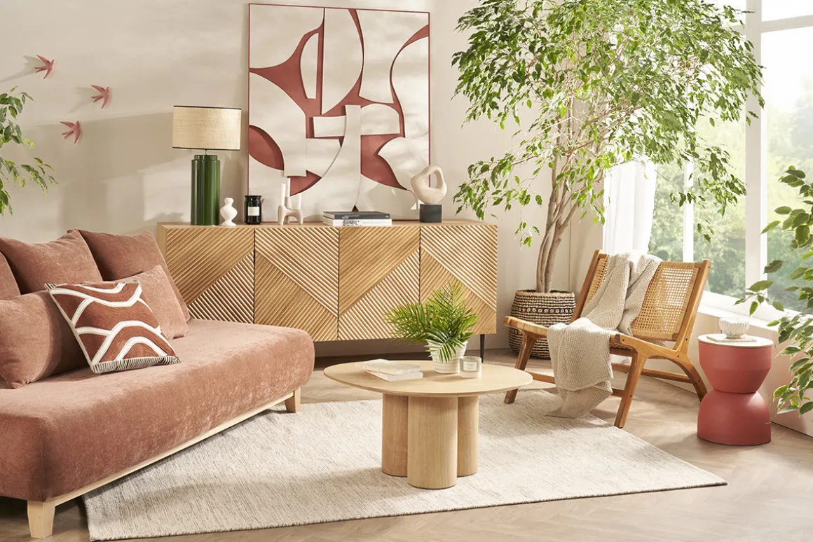 Fashion Miliboo Sofá 3 plazas de tejido efecto aterciopelado texturizado terracota y madera clara 200 cm ODEON
