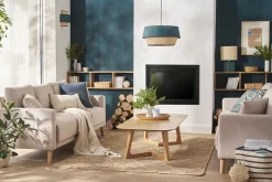 Shop Miliboo Sofá 3 plazas de tela beige y madera clara MUNIK