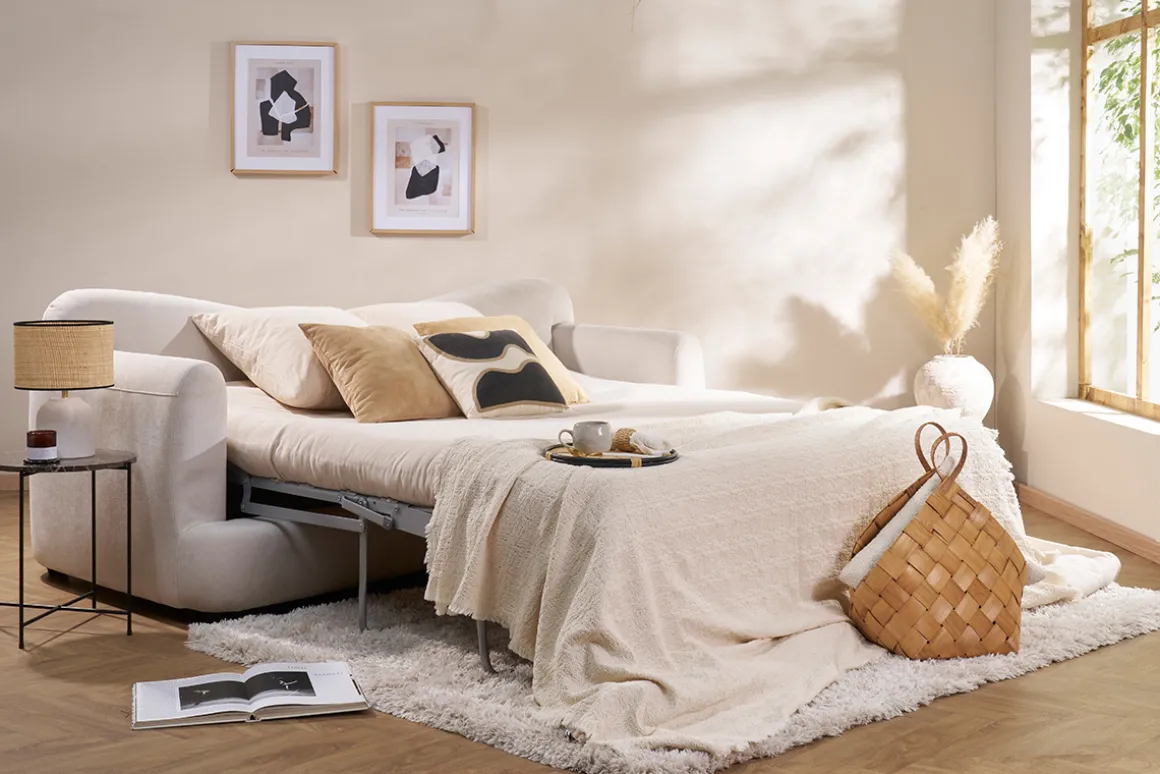 Flash Sale Miliboo Sofá cama 3-4 plazas desenfundable con forma de judía de tejido efecto aterciopelado beige claro SACHA