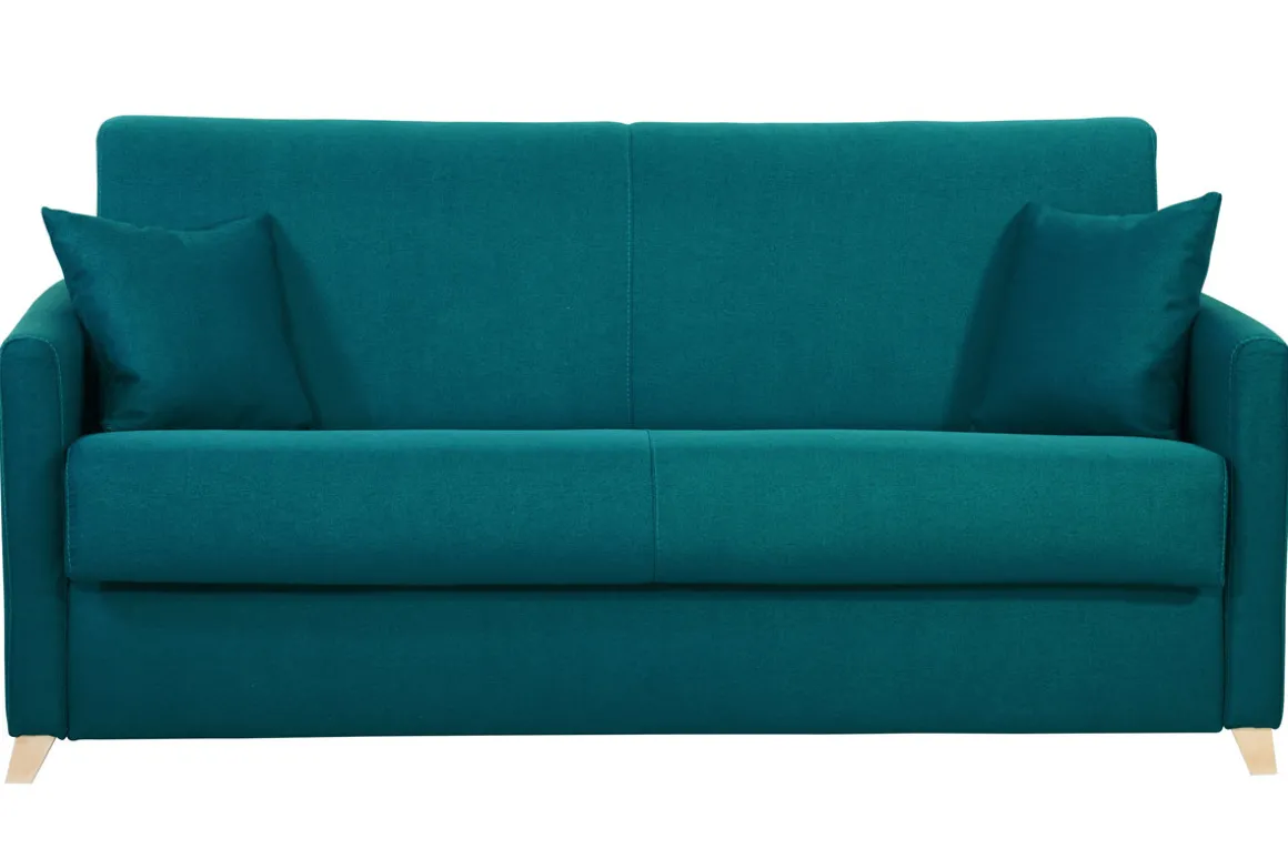 Cheap Miliboo Sofá cama 3 plazas nórdico azul petróleo y madera clara con colchón de 18 cm SKANDY