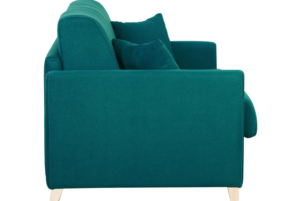Cheap Miliboo Sofá cama 3 plazas nórdico azul petróleo y madera clara con colchón de 18 cm SKANDY