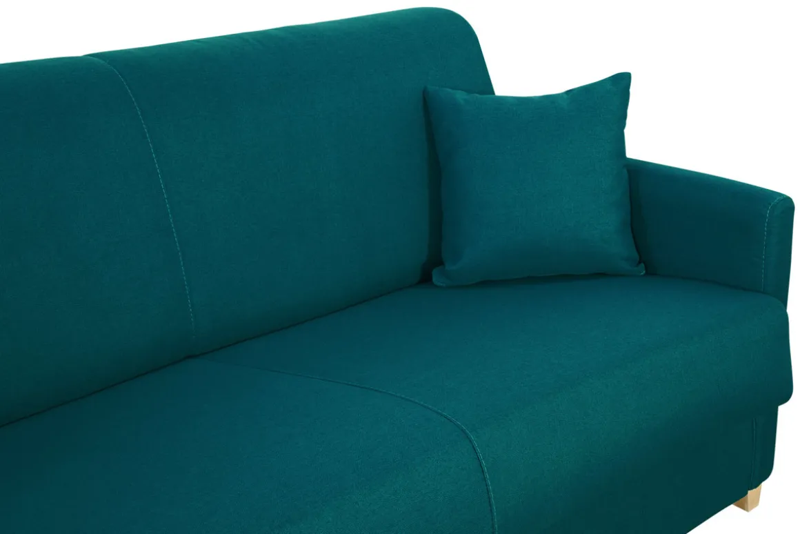 Cheap Miliboo Sofá cama 3 plazas nórdico azul petróleo y madera clara con colchón de 18 cm SKANDY