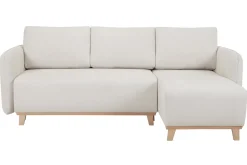 Clearance Miliboo Sofá cama chaise longue reversible 3-4 plazas de tejido efecto aterciopelado texturizado beige y madera clara ROMANE