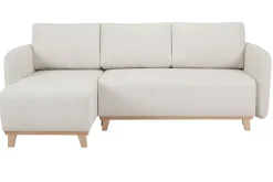 Clearance Miliboo Sofá cama chaise longue reversible 3-4 plazas de tejido efecto aterciopelado texturizado beige y madera clara ROMANE