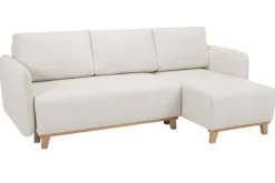 Clearance Miliboo Sofá cama chaise longue reversible 3-4 plazas de tejido efecto aterciopelado texturizado beige y madera clara ROMANE