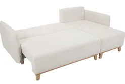 Clearance Miliboo Sofá cama chaise longue reversible 3-4 plazas de tejido efecto aterciopelado texturizado beige y madera clara ROMANE