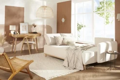 Clearance Miliboo Sofá cama chaise longue reversible 3-4 plazas de tejido efecto aterciopelado texturizado beige y madera clara ROMANE