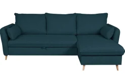 Best Miliboo Sofá cama con chaise longue 3-4 plazas con canapé de tela azul marino y madera clara DRISS