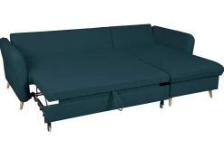 Best Miliboo Sofá cama con chaise longue 3-4 plazas con canapé de tela azul marino y madera clara DRISS