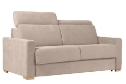Discount Miliboo Sofá cama convertible de 3 plazas en tela de efecto terciopelo beige con reposacabezas ajustables y colchón de 18 cm NORO