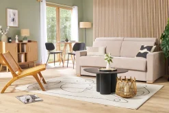 Discount Miliboo Sofá cama convertible de 3 plazas en tela de efecto terciopelo beige con reposacabezas ajustables y colchón de 18 cm NORO