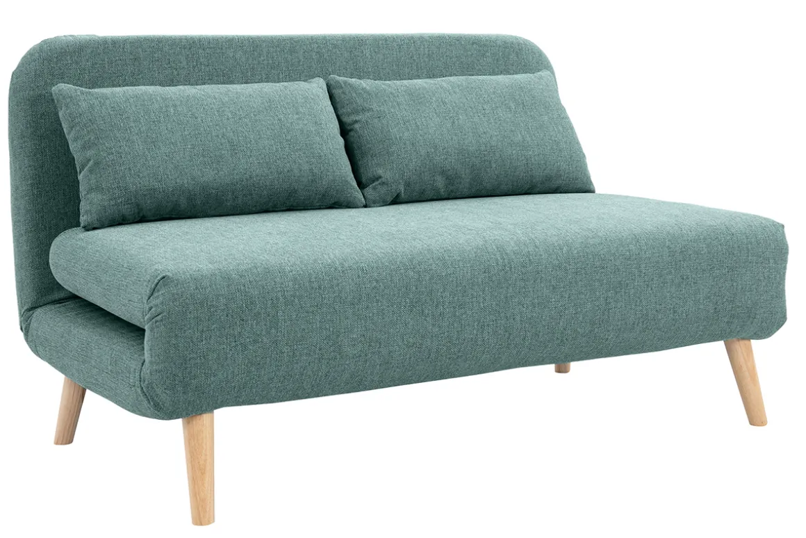 Shop Miliboo Sofá cama de 2 plazas convertible en tela verde gris y madera clara AMIKO