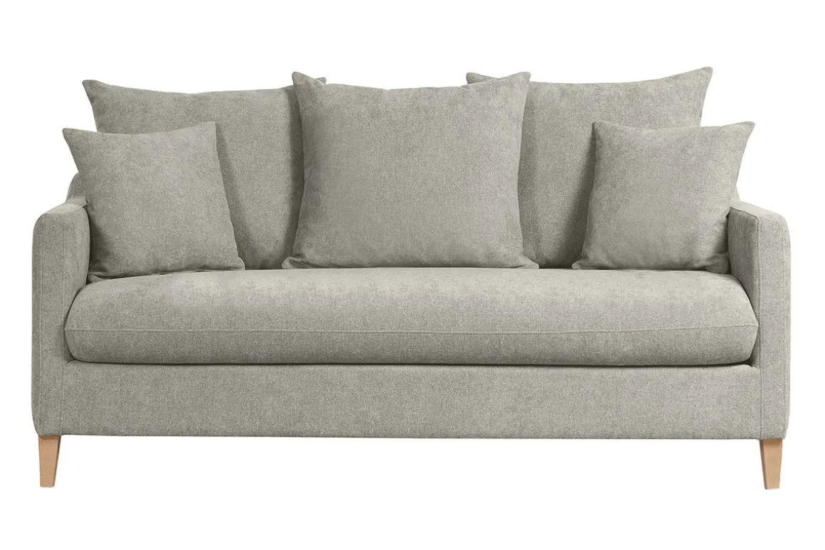 Discount Miliboo Sofá cama nórdico 3 plazas de tela efecto aterciopelado topo y madera clara LOUISE