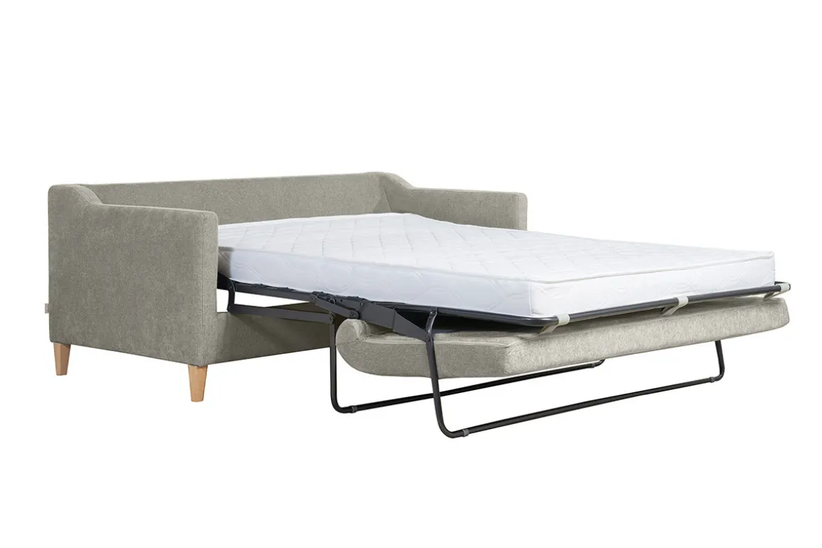 Discount Miliboo Sofá cama nórdico 3 plazas de tela efecto aterciopelado topo y madera clara LOUISE