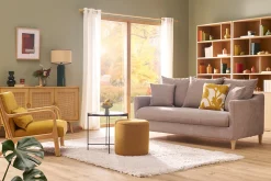 Discount Miliboo Sofá cama nórdico 3 plazas de tela efecto aterciopelado topo y madera clara LOUISE