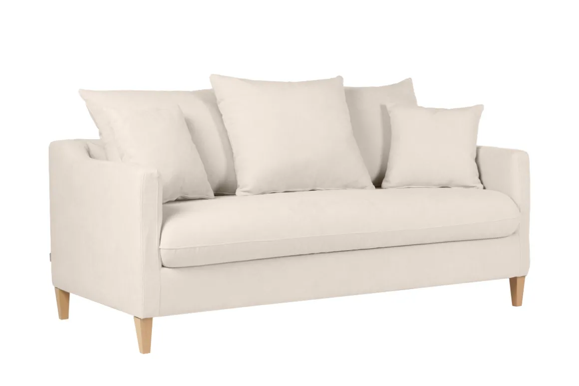 Flash Sale Miliboo Sofá cama nórdico 3 plazas de tela efecto aterciopelado beige y madera clara LOUISE