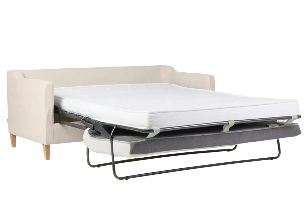 Flash Sale Miliboo Sofá cama nórdico 3 plazas de tela efecto aterciopelado beige y madera clara LOUISE