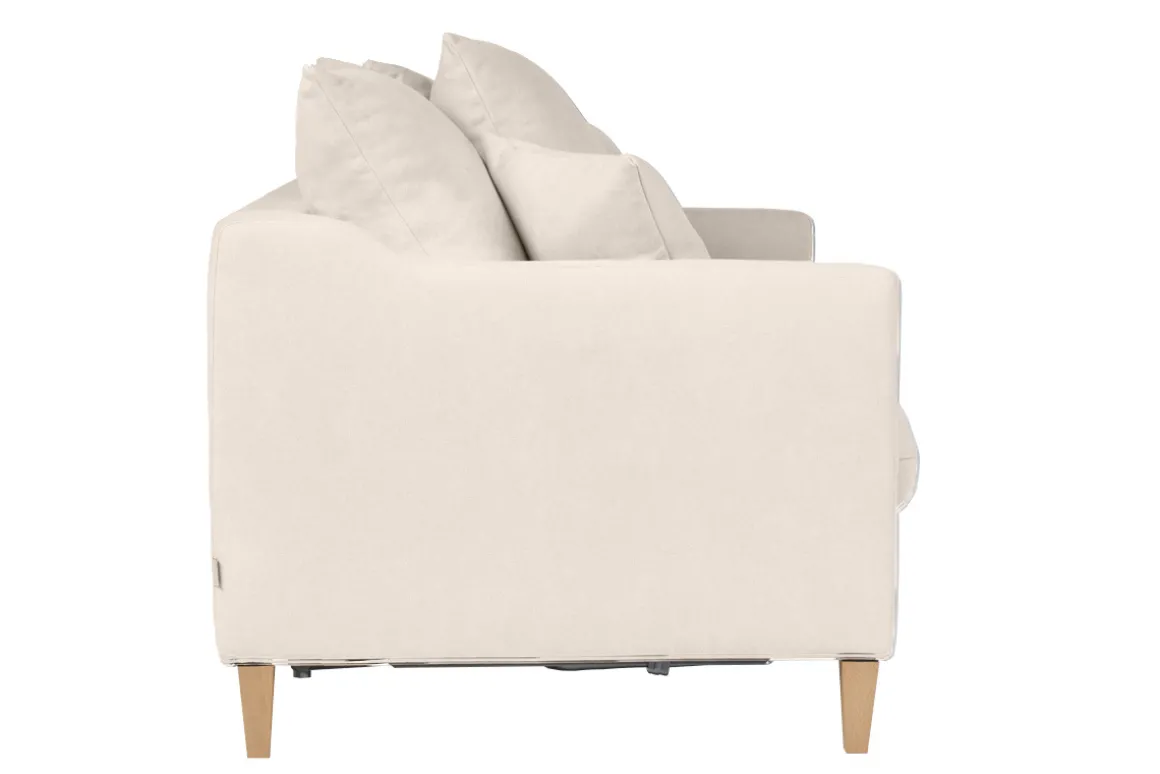 Flash Sale Miliboo Sofá cama nórdico 3 plazas de tela efecto aterciopelado beige y madera clara LOUISE