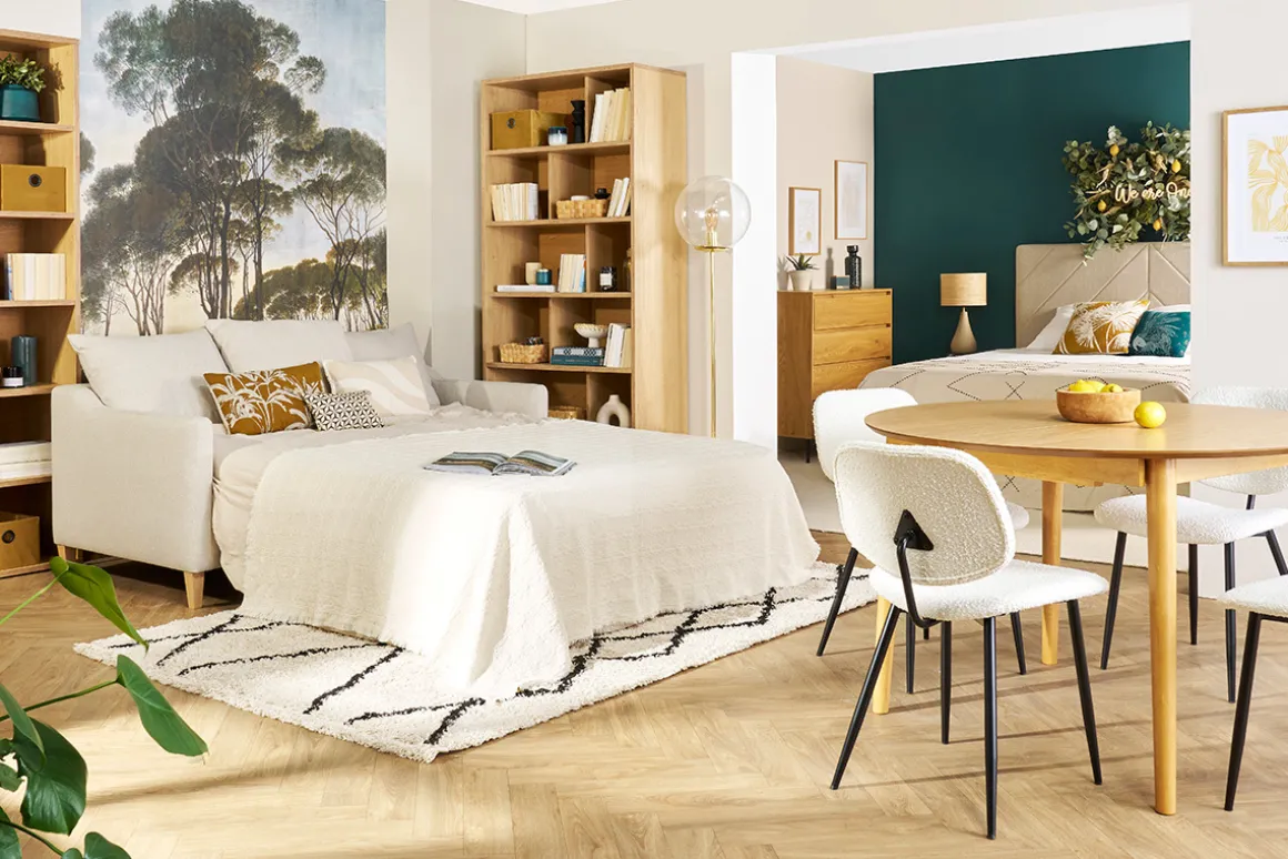 Flash Sale Miliboo Sofá cama nórdico 3 plazas de tela efecto aterciopelado beige y madera clara LOUISE