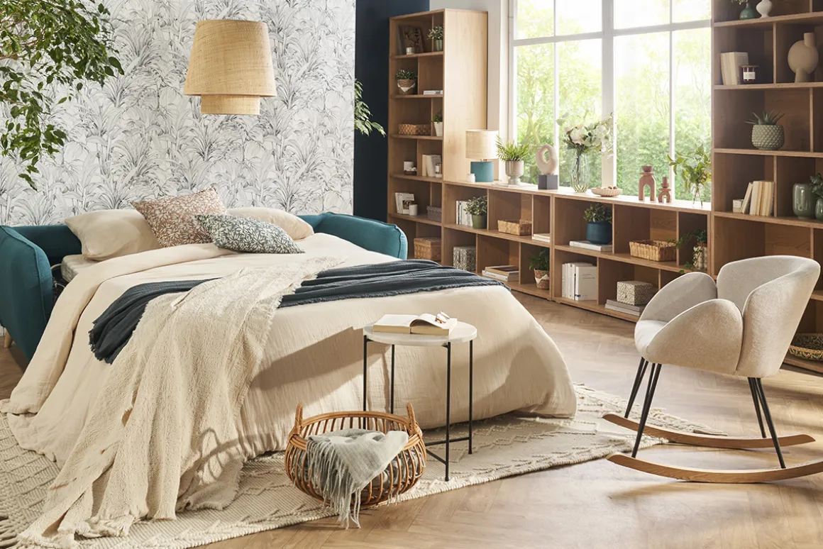 Best Sale Miliboo Sofá cama 3plazas nórdico de tela beige natural con colchón de 10 cm CREEP