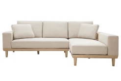 Flash Sale Miliboo Sofá chaise longue a la derecha 5 plazas con almacenaje de tela texturizada beige efecto aterciopelado y madera clara KOMAO