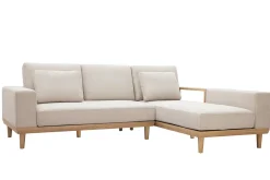 Flash Sale Miliboo Sofá chaise longue a la derecha 5 plazas con almacenaje de tela texturizada beige efecto aterciopelado y madera clara KOMAO