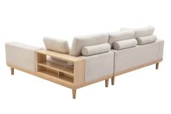 Flash Sale Miliboo Sofá chaise longue a la derecha 5 plazas con almacenaje de tela texturizada beige efecto aterciopelado y madera clara KOMAO