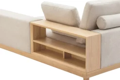 Flash Sale Miliboo Sofá chaise longue a la derecha 5 plazas con almacenaje de tela texturizada beige efecto aterciopelado y madera clara KOMAO