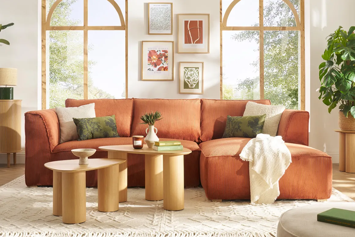 Store Miliboo Sofá chaise longue a la derecha de diseño de pana color terracota 3-4 plazas - PANAM
