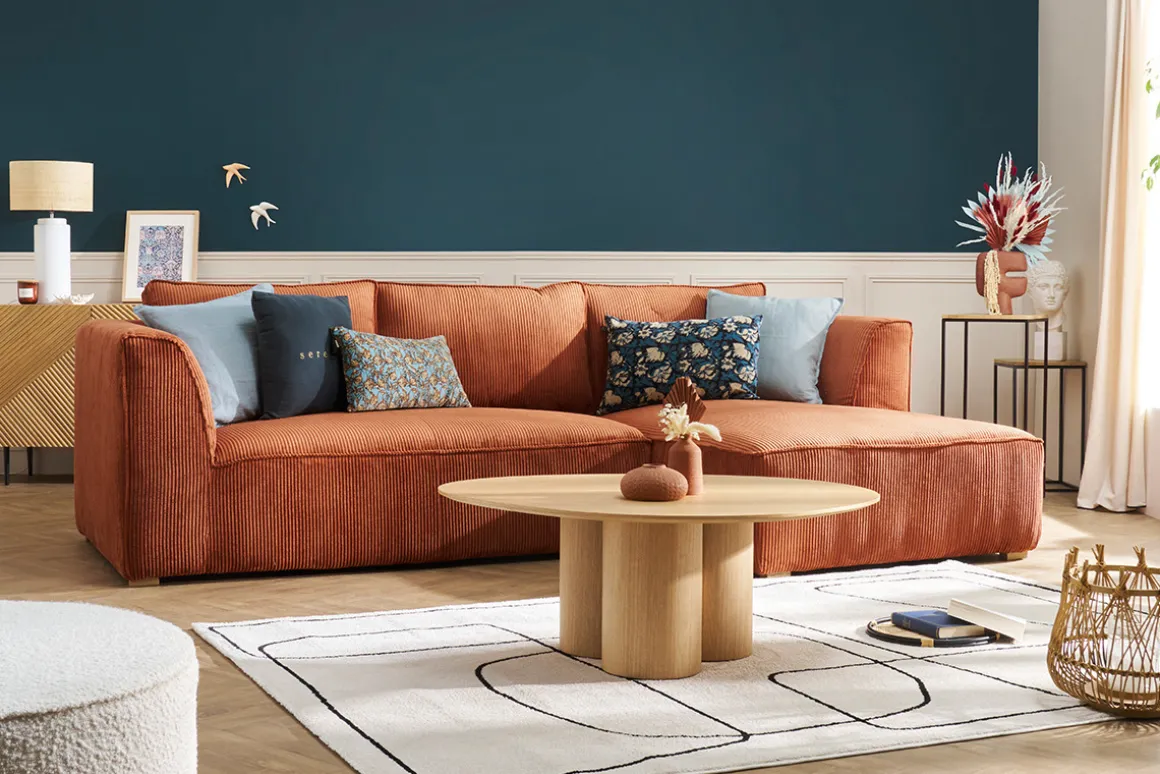 Store Miliboo Sofá chaise longue a la derecha de diseño de pana color terracota 3-4 plazas - PANAM