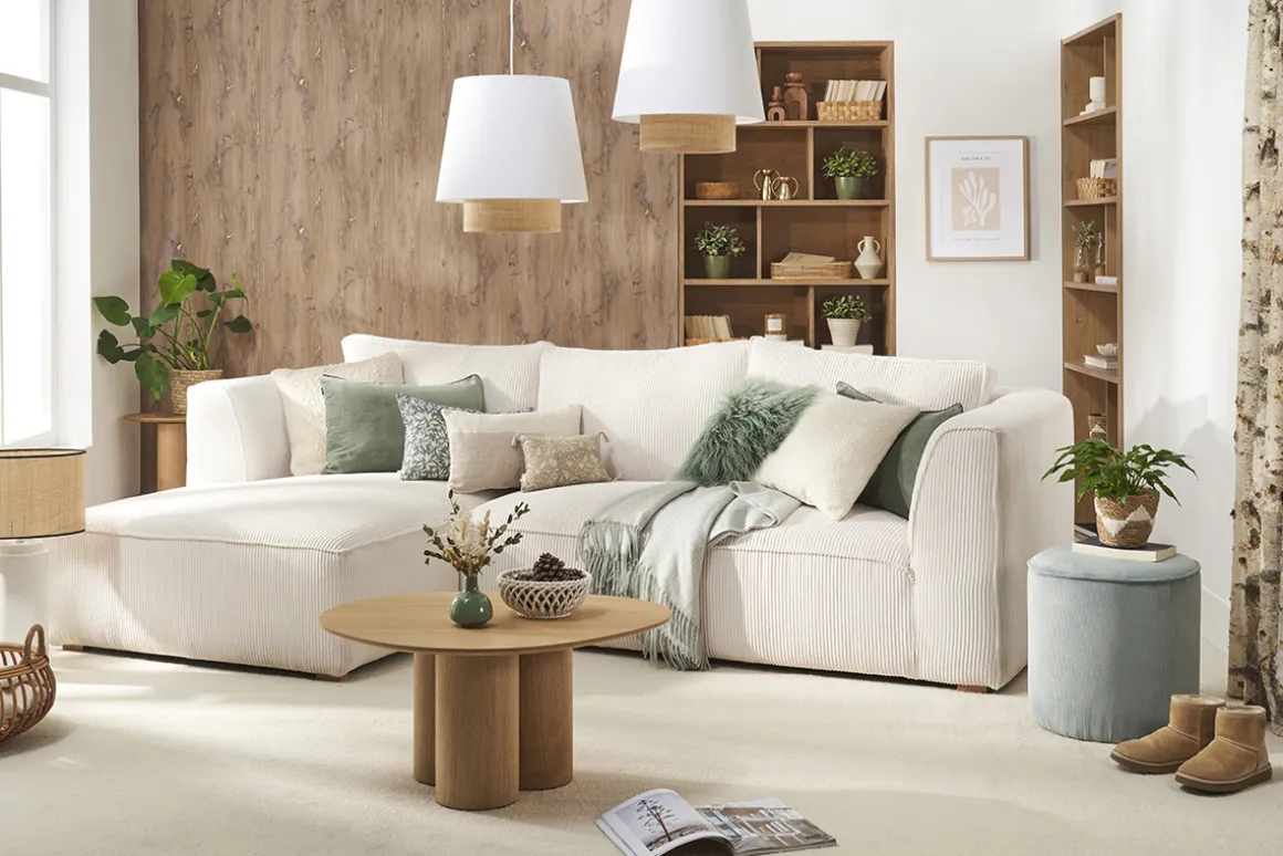 Hot Miliboo Sofá chaise longue a la izquierda de diseño de pana color crudo 3-4 plazas - PANAM