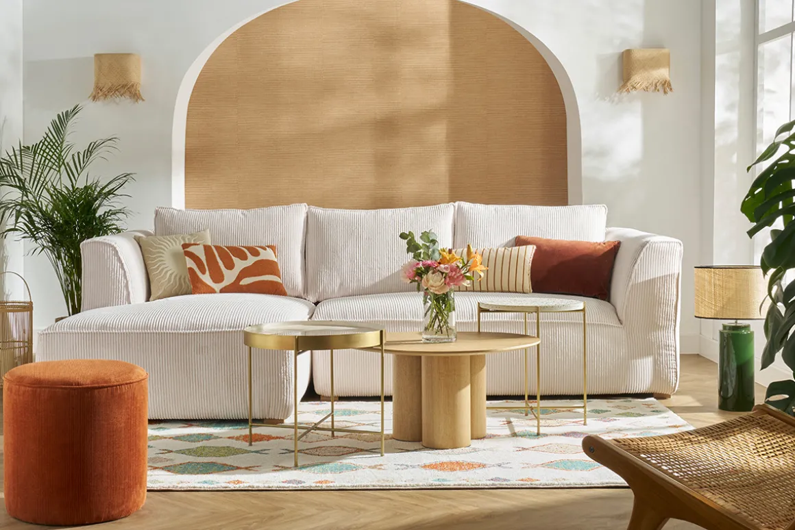 Hot Miliboo Sofá chaise longue a la izquierda de diseño de pana color crudo 3-4 plazas - PANAM