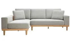 Clearance Miliboo Sofá chaise longue a la izquierda 5 plazas con estantes en tela texturizada gris claro efecto aterciopelado y madera clara KOMAO