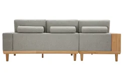 Clearance Miliboo Sofá chaise longue a la izquierda 5 plazas con estantes en tela texturizada gris claro efecto aterciopelado y madera clara KOMAO