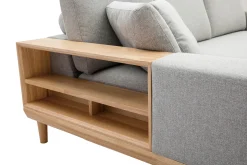 Clearance Miliboo Sofá chaise longue a la izquierda 5 plazas con estantes en tela texturizada gris claro efecto aterciopelado y madera clara KOMAO