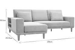 Clearance Miliboo Sofá chaise longue a la izquierda 5 plazas con estantes en tela texturizada gris claro efecto aterciopelado y madera clara KOMAO