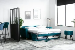 Clearance Miliboo Sofá convertible nórdico azul petróleo y madera GRAHAM