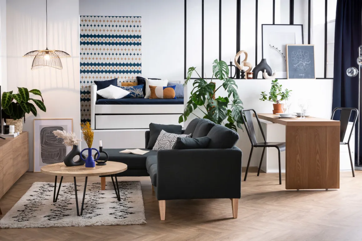 Cheap Miliboo Sofá de esquina izquierda nórdico en tejido azul lago desenfundable OSLO