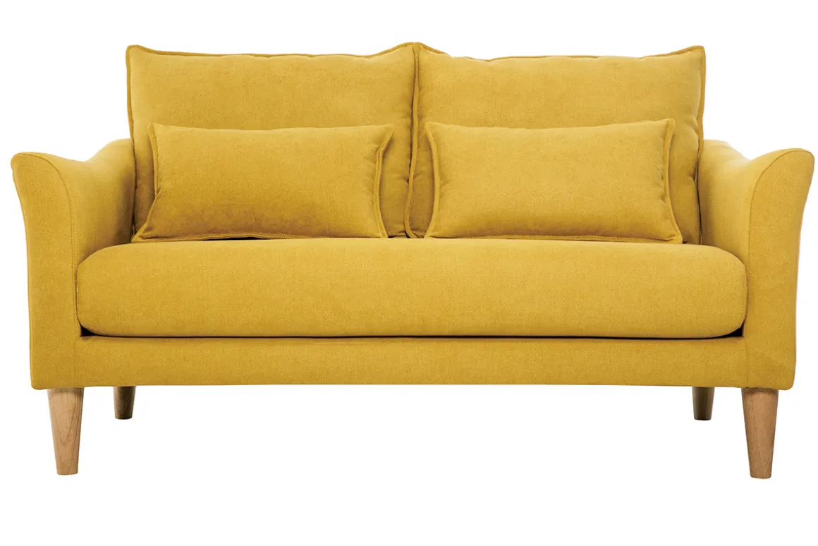 Best Sale Miliboo Sofá de estilo nórdico tejido amarillo mostaza con efecto aterciopelado 2 plazas KATE