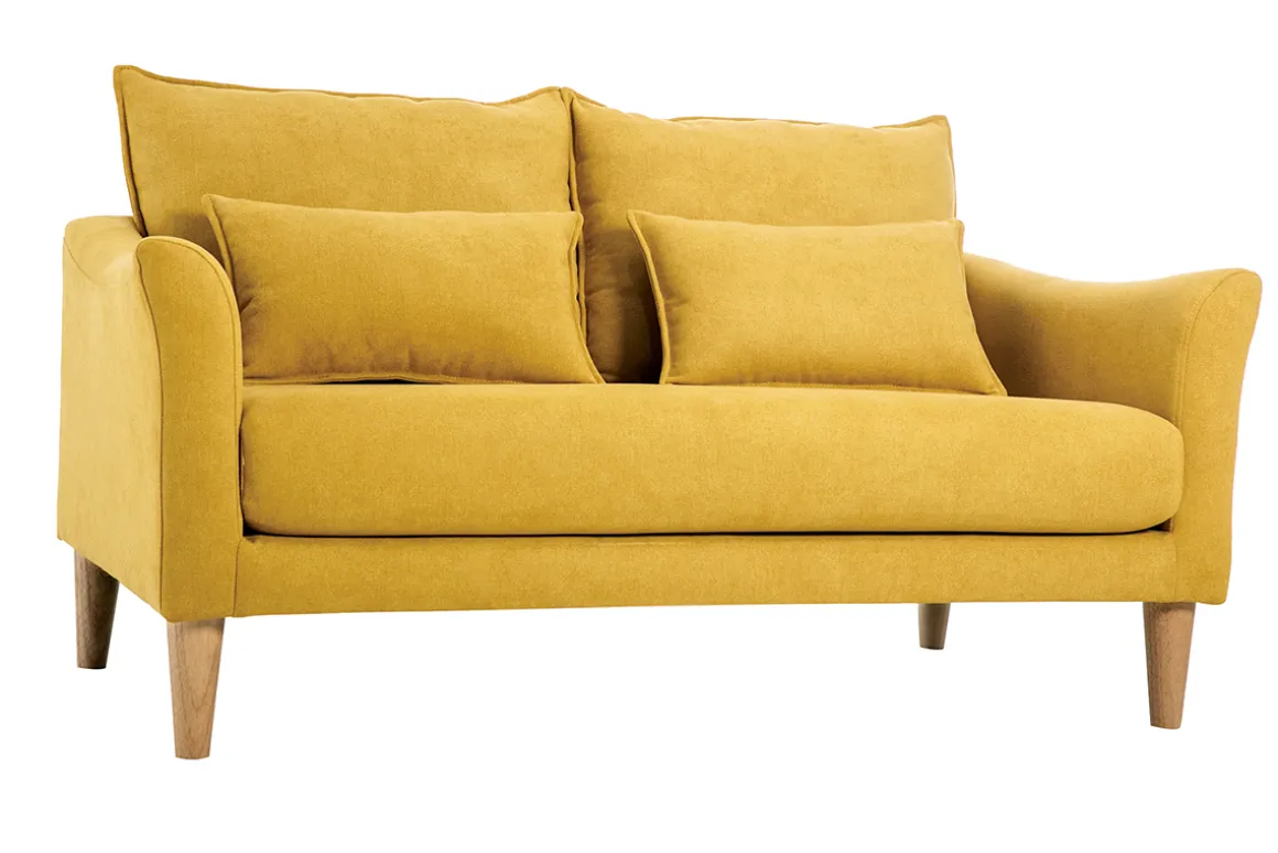 Best Sale Miliboo Sofá de estilo nórdico tejido amarillo mostaza con efecto aterciopelado 2 plazas KATE