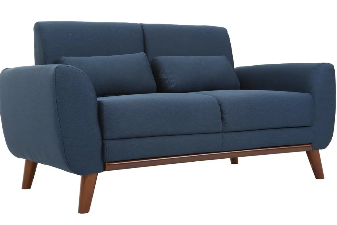 Best Sale Miliboo Sofá diseño 2 plazas tejido azul y patas nogal EKTOR