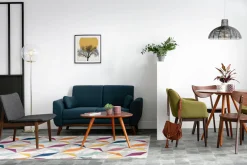 Best Sale Miliboo Sofá diseño 2 plazas tejido azul y patas nogal EKTOR