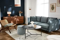 Best Sale Miliboo Sofá moderno 3-4 plazas de terciopelo azul grisáceo y metal negro ALMAR